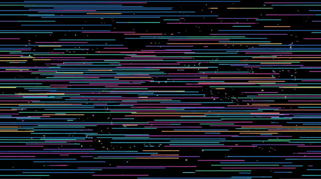 A vibrant digital glitch occurs on a dark screen with distorted colors