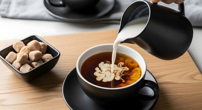 Milk Being Poured Into A Cup Of Hot Tea On A Wooden Surface.