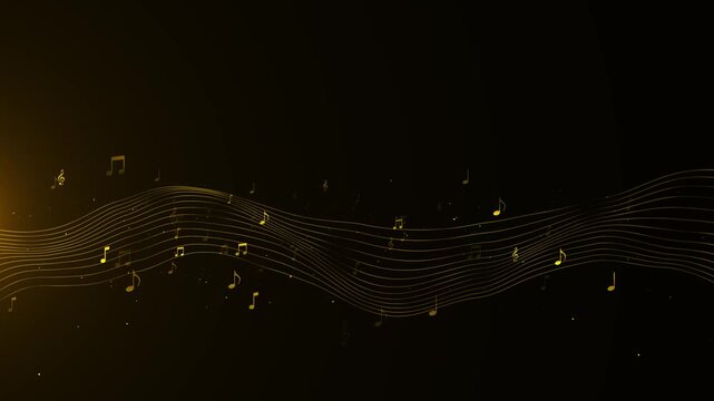 Golden music wave background flowing staff lines, musical notes, black space, elegant glowing particles. concert videos, song promos, classical music intros, audio visualizers, motion overlays.