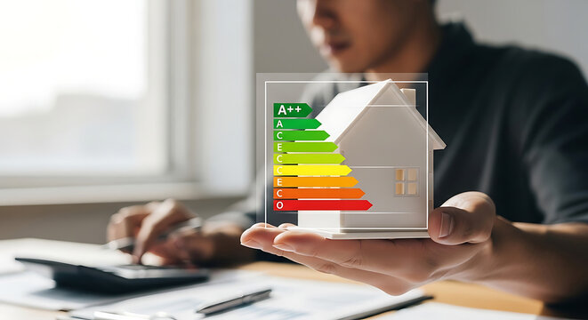 Homeowner Holding Model House with Energy Efficiency Rating Scale to Calculate Utility Savings and Improve Building Performance for Sustainable Living