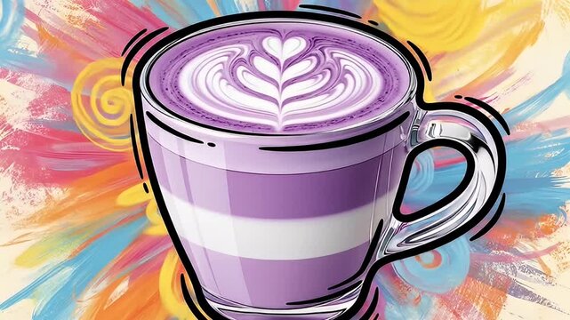 Clear cup of vibrant purple latte art on a colorful painted abstract background