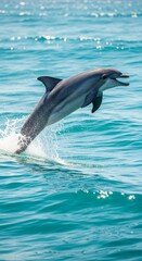Naklejka premium Playful Dolphin Leaping From Turquoise Ocean Waves