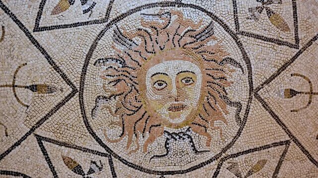 Ancient roman mosaic sun god face in Volubilis, Morocco