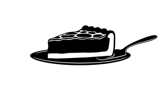 Black and white vector illustration of a pie slice on a plate