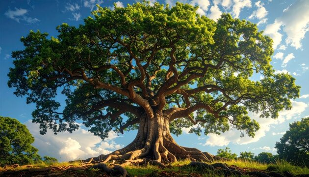 Majestic oak tree, massive trunk & roots, expansive canopy, blue sky, and white clouds