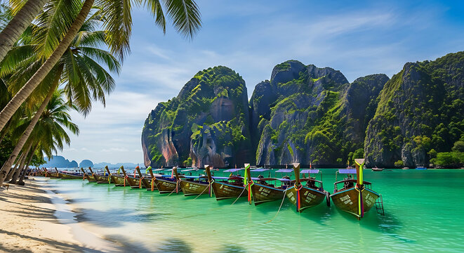 Beautiful Tropical Beach Landscape with Traditional Thai Longtail Boats on Turquoise Water Surrounded by Limestone Cliffs and Palm Trees in Phi Phi Islands Thailand