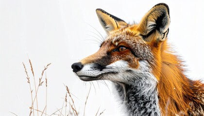 Fototapeta premium Close-up of a vibrant red fox head and chest against a blurred white background