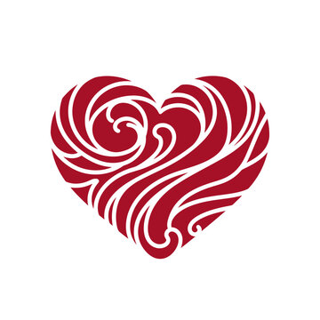 Red Heart Illustration with Elegant Swirl Pattern on White