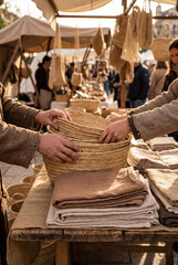 Fototapeta premium Hands weaving a wicker basket at traditional market stall
