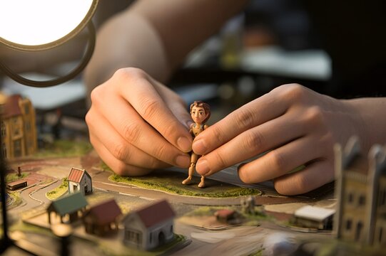 Stop motion animator's hands and miniature puppet diorama
