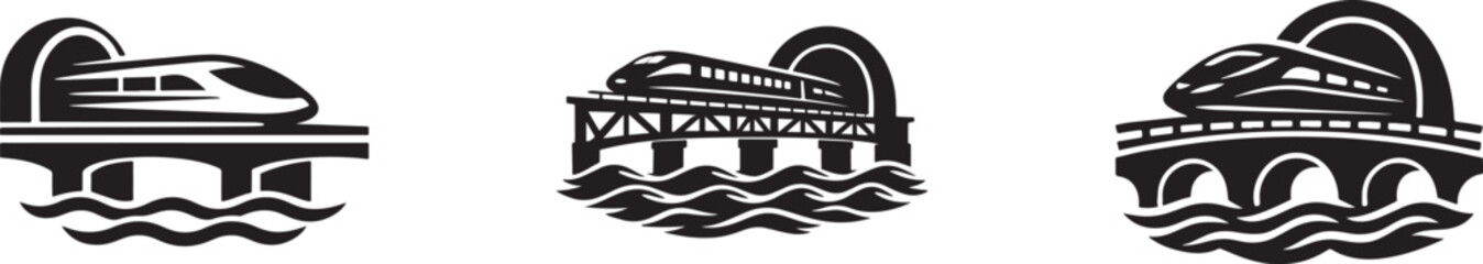 High speed train vector icon set on bridge tunnel water waves, modern transport concept design. © Md Ataullah 