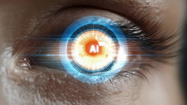 Artificial intelligence reflected in human eye, futuristic AI vision concept, digital technology interface, machine learning innovation, cyber data analytics, advanced virtual