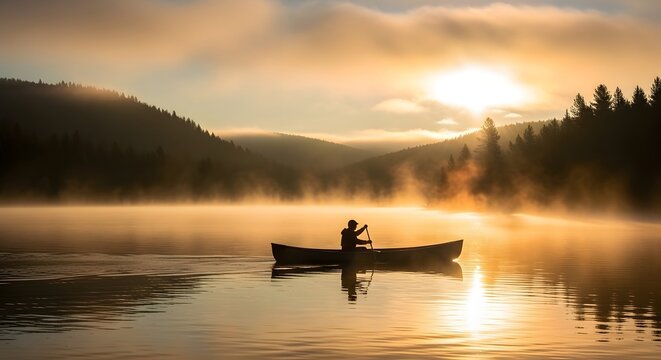 A lone paddler in a canoe on a misty lake at sunrise.