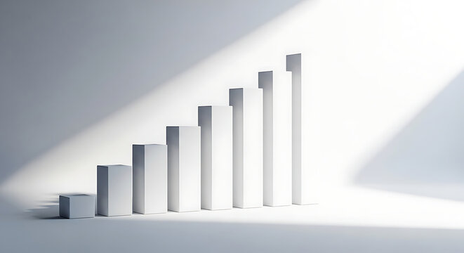 Professional 3D white bar chart showing ascending pillars for business success financial growth and market progress in a minimalist abstract studio with soft light