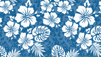 Blue background with white hibiscus flowers and leaves pattern © Sixer's Design