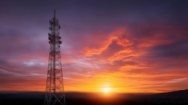 Cellular communication tower at sunset, telecom infrastructure silhouette, wireless network antenna mast, mobile connection technology, 5G telecommunications background, signal