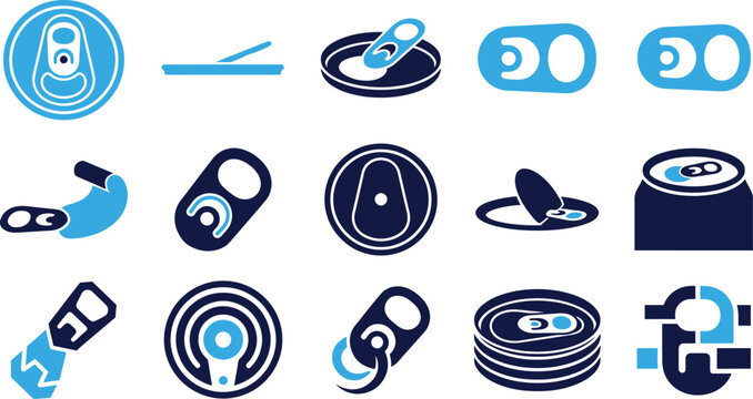 Set of blue and dark blue can tab and opener icons for drinks beverage packaging.