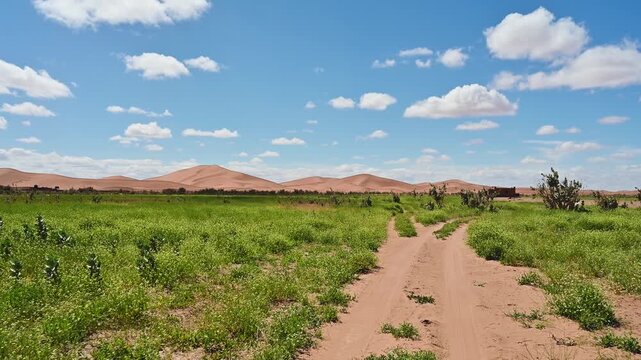 Driving on dirt road towards Erg Chigaga dunes in Morocco
