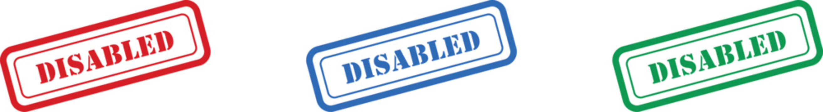 A trio of red blue and green rectangular stamps featuring the word DISABLED on white