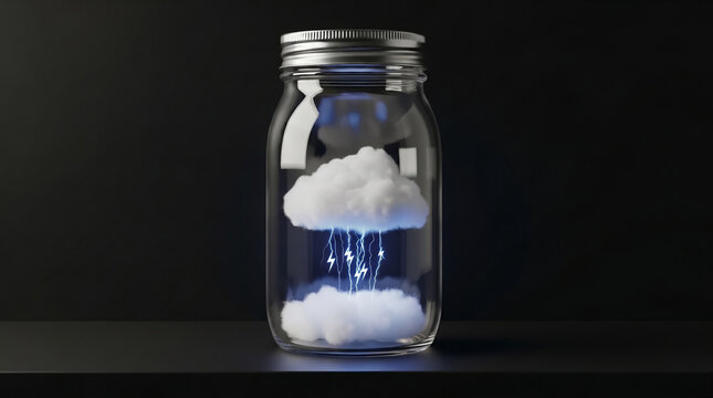 Surreal conceptual art of a glass mason jar on a dark shelf containing a fluffy white cloud with blue lightning. A visual metaphor for personal cloud storage and data encryption. AI generated.