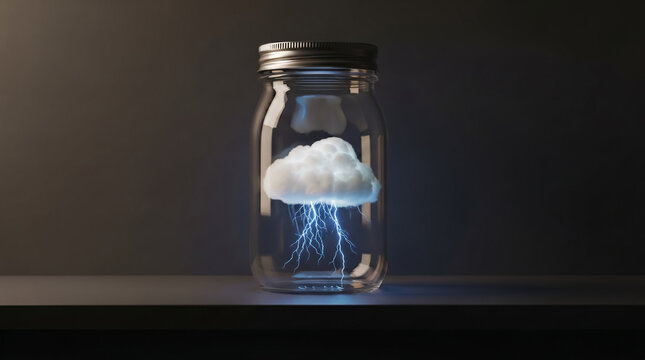 Surreal conceptual art of a glass mason jar on a dark shelf containing a fluffy white cloud with blue lightning. A visual metaphor for personal cloud storage and data encryption. AI generated.