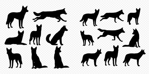 Set of various dog and wolf silhouettes in different poses, isolated on a transparent background. © Akun