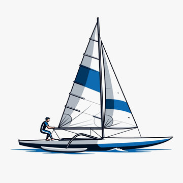 Illustration of a person sailing a small trimaran sailboat with blue and white sails on water.