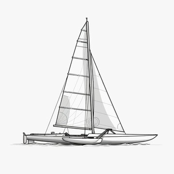 Detailed line art sketch of a modern trimaran sailboat, showcasing its sleek design and multi-hull structure on the water.