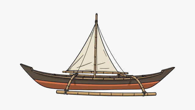 Illustration of a traditional Polynesian outrigger canoe with a triangular sail and bamboo outriggers, depicted against a white background.