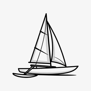 Simple black and white line art illustration of a sailboat with multiple hulls, depicting a catamaran or trimaran sailing vessel.