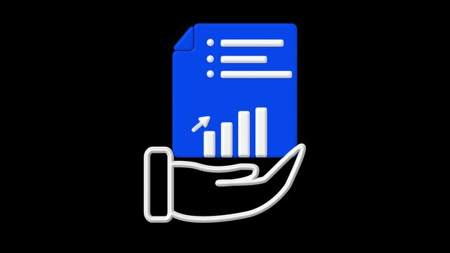 Document icon animation with blue paper graphic. Document icon business report and bullet points. Document icon digital information graphic on black background.