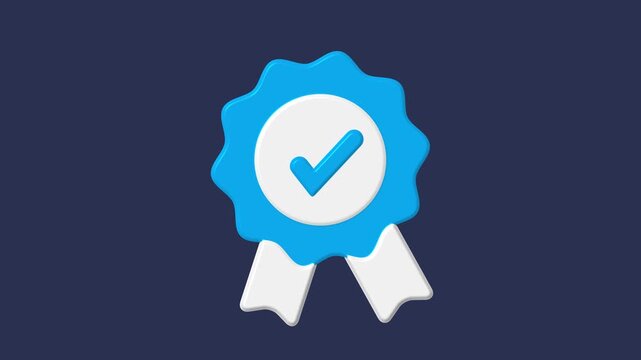 Blue ribbon award with check mark and ribbons 3D. Blue ribbon award for medal. Professional blue ribbon award for quality certification and success recognition visuals.
