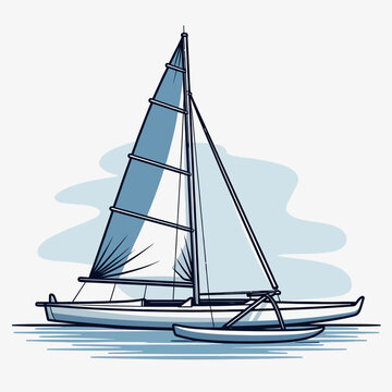 A detailed line art illustration of a trimaran sailboat with blue sails on water, depicting a leisure activity.