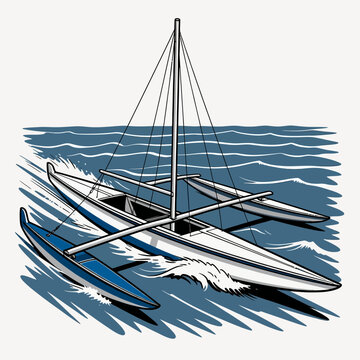 Detailed illustration of a traditional outrigger canoe with a mast and two outriggers sailing on blue choppy water, creating white splashes.