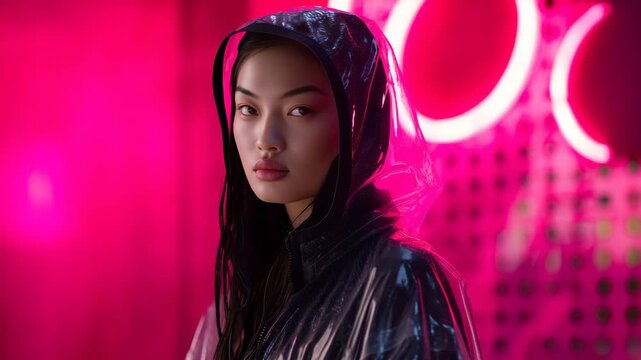 an Asian woman standing in front of a vivid pink neon urban background, medium close-up shot, head, shoulders and upper torso clearly visible, subject facing the camera with a calm