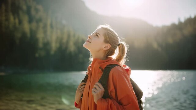 a young woman hiking near a mountain lake, medium shot, upper body clearly visible from about waist level upward, woman standing on the lakeshore and holding both backpack straps