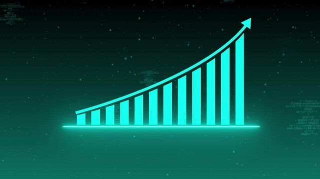 Bar graph animation with exponential growth. Bar graph cyan data with digital code. Bar graph business success analytics graphic on black background.