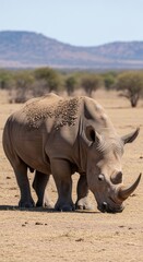 Obraz premium Powerful rhinoceros with thick skin grazes in savanna