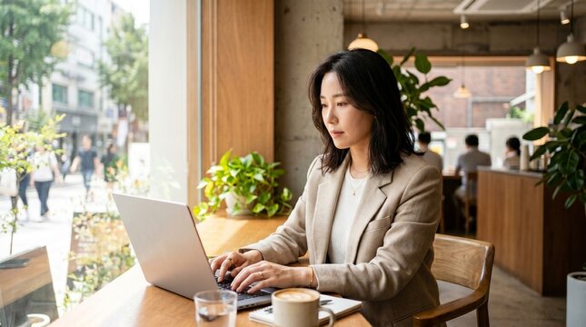 카페 테라스에서 노트북으로 업무를 처리하는 현대적인 아시아 여성 (Modern Asian Businesswoman Working with Laptop at a Cafe Terrace)