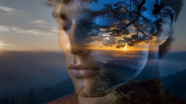 Double exposure male silhouette with sunset landscape, human mind concept, psychology and imagination art, nature inside portrait, emotional wellness background, creative identity