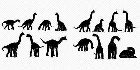 Set of various dinosaur silhouettes, prehistoric animal collection, ancient creatures. © Akun