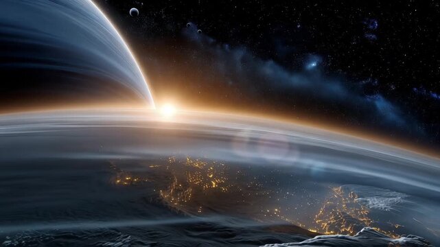 Planetary alignment in deep space, sunrise over cosmic horizon, celestial bodies in orbit, dramatic universe scene, sci fi astronomy background, abstract space exploration wallpape
