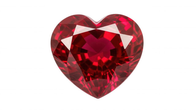 A faceted heart-shaped red ruby gemstone isolated on a solid black background, showing intricate geometric light reflections and deep