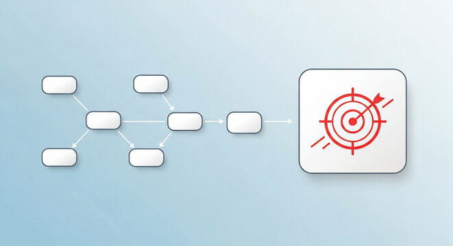 Organizational chart diagram with target board icon showing strategy planning and sales workflow featuring business process, goal setting, roadmap