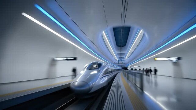 Futuristic High-Speed Train Arriving at a Modern Underground Station Terminal