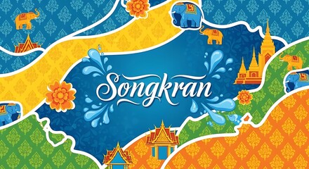 Naklejka premium Songkran Festival Celebration - Colorful Thai Water Splashes and Traditions.
