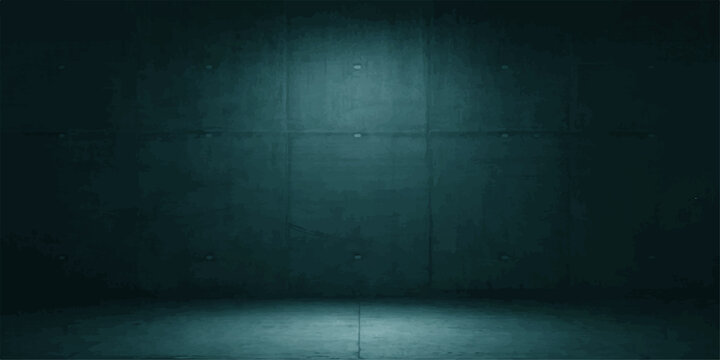 Empty dark blue grunge room featuring an aged concrete wall and a textured vintage wooden floor as a dirty stone interior backdrop