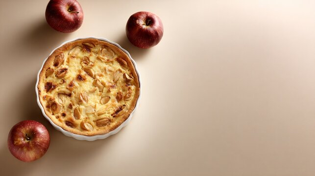 Apple clafoutis placed off-center with a large empty area designed for branding or text, minimal props, soft gradient background, commercial layout