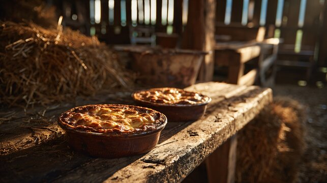 Apple clafoutis placed on a rough wooden table inside a rustic barn setting, hay and natural textures visible in the background, warm golden sunlight entering through gaps in wooden planks