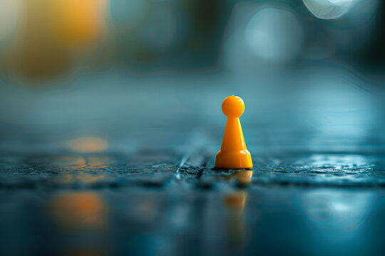 Single yellow pawn isolated on blurred background representing individuality concept